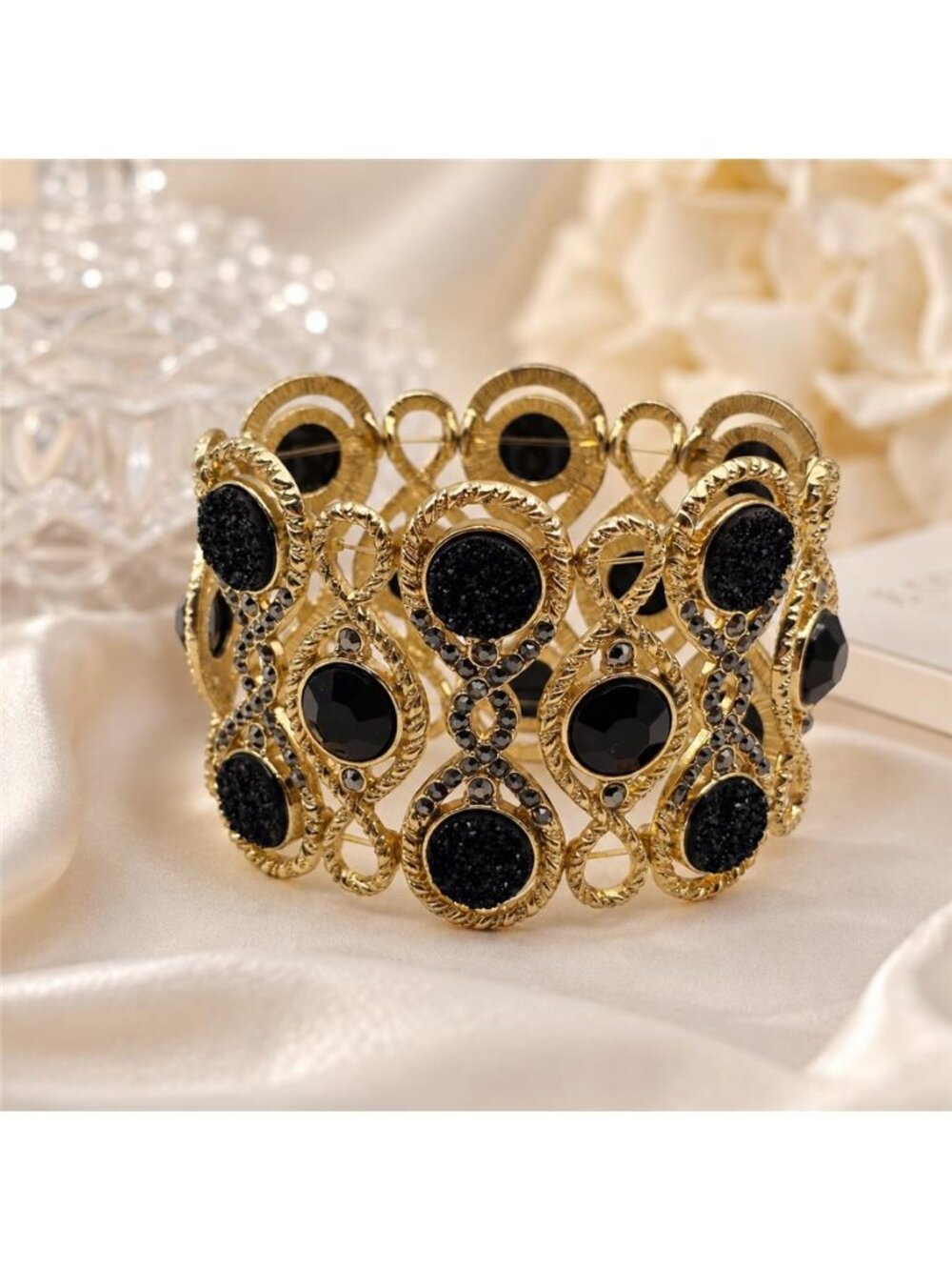 Black Druzy Crystal Infinity Statement Stretch Bracelet Gold Tone 2" Wide